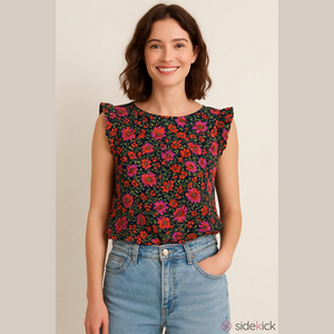 JODIFL Scoop Neck Top Small Flowy Floral Ruffles Sleeveless Romantic Feminine